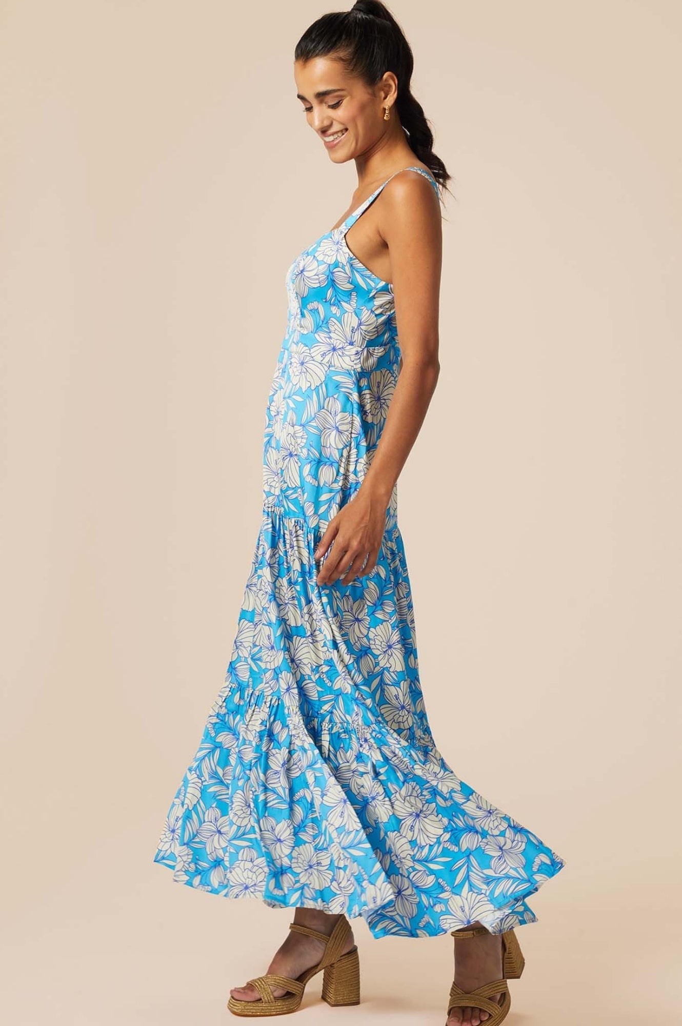 Aurelia Satin Dress | Lined Floral Turquoise/Cream